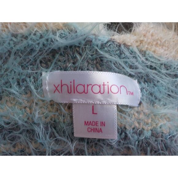 Xhilaration Fluffy Ivory Teal Striped Pullover Sweater Women Large Western Boho - Picture 4 of 7
